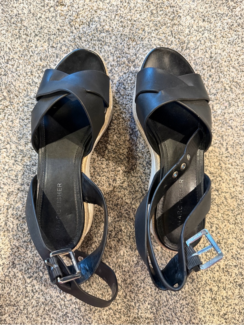 Marc Fisher Black Leather Cross-Strap Espadrille Wedges